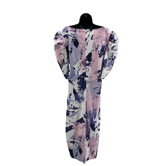 Shein Curve Midi Dress Womens 2XL Pink Blue Abstract Print Puff Sleeve Belted - Picture 6 of 9